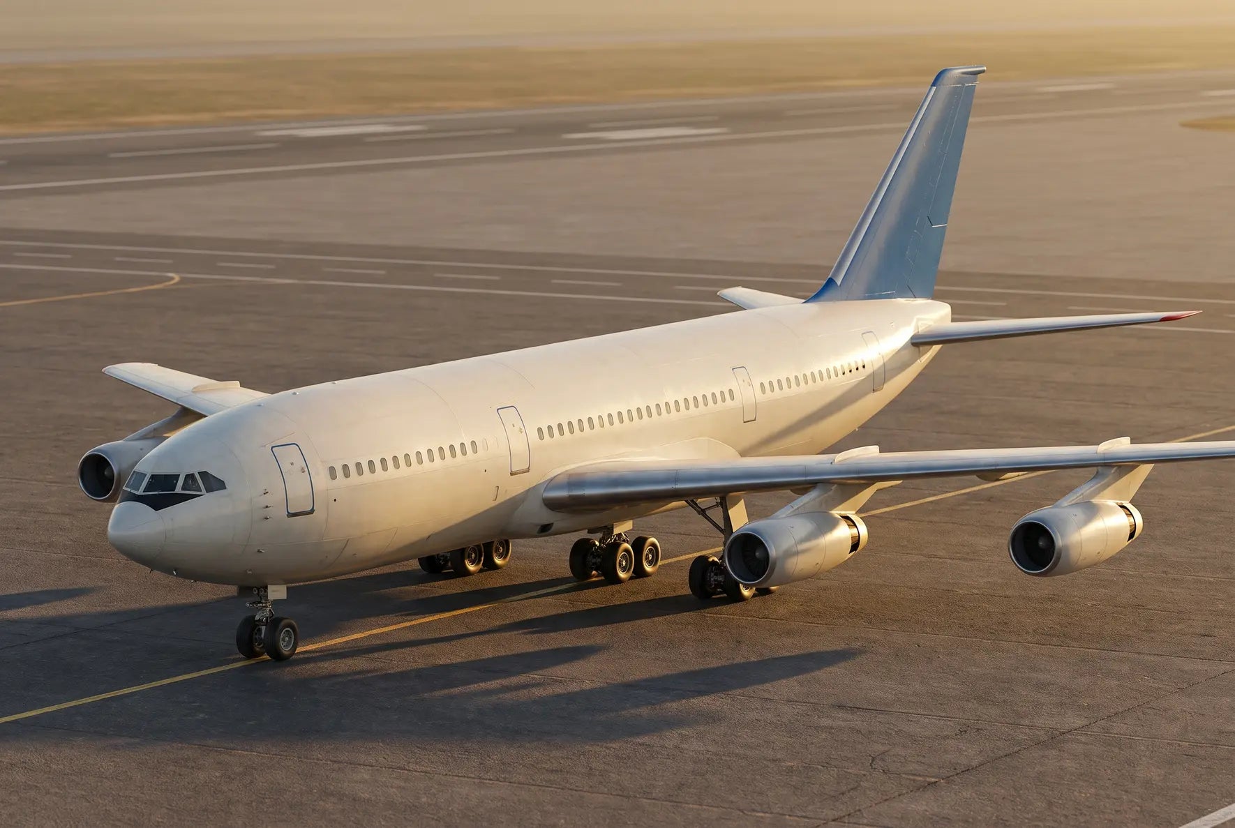 Ilyushin Il-86 aircraft on an airport tarmac, showcasing its wide-body design and four engines under the wings, captured at sunset.