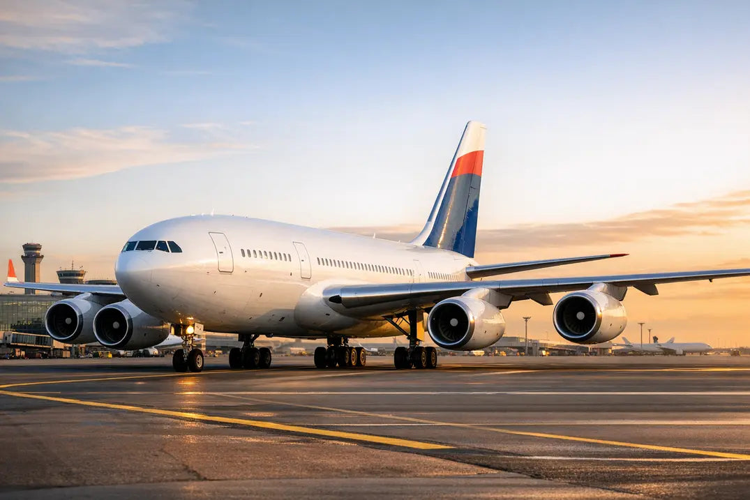 Ilyushin Il-96-300 aircraft parked on an airport tarmac at sunset with terminal and control tower in the background.
