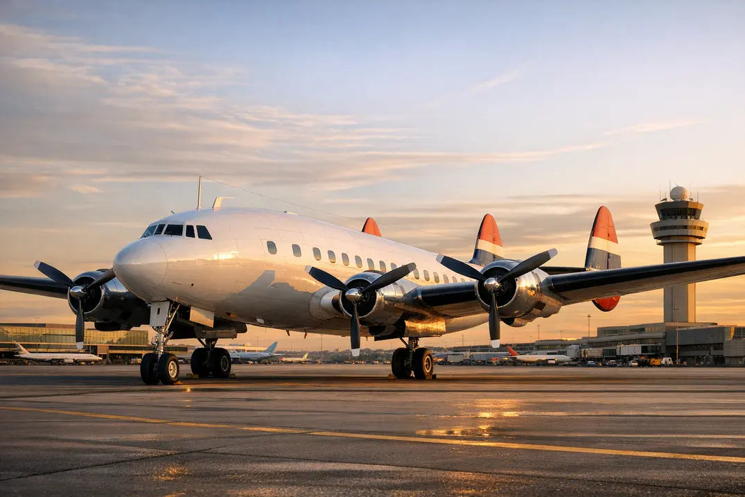 Vintage Lockheed L-049 Constellation aircraft on airport tarmac at sunset, with control tower and terminal buildings in the background.