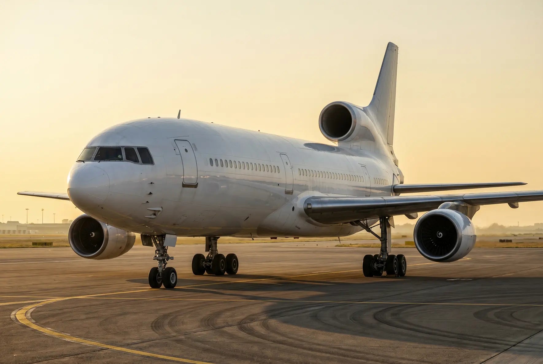 Lockheed L-1011-500 aircraft on a sunlit runway with engines and landing gear visible.