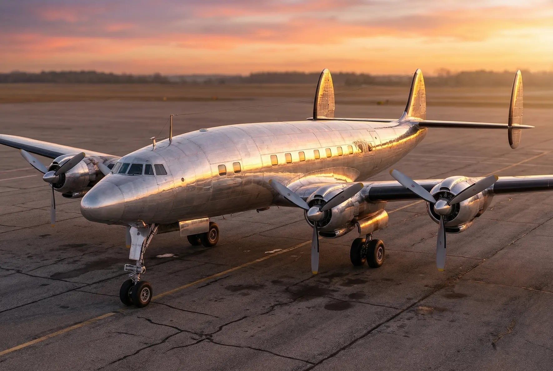 A polished Lockheed L-1049 Super Constellation aircraft on the tarmac at sunset, with three propellers and a sleek, reflective silver body.