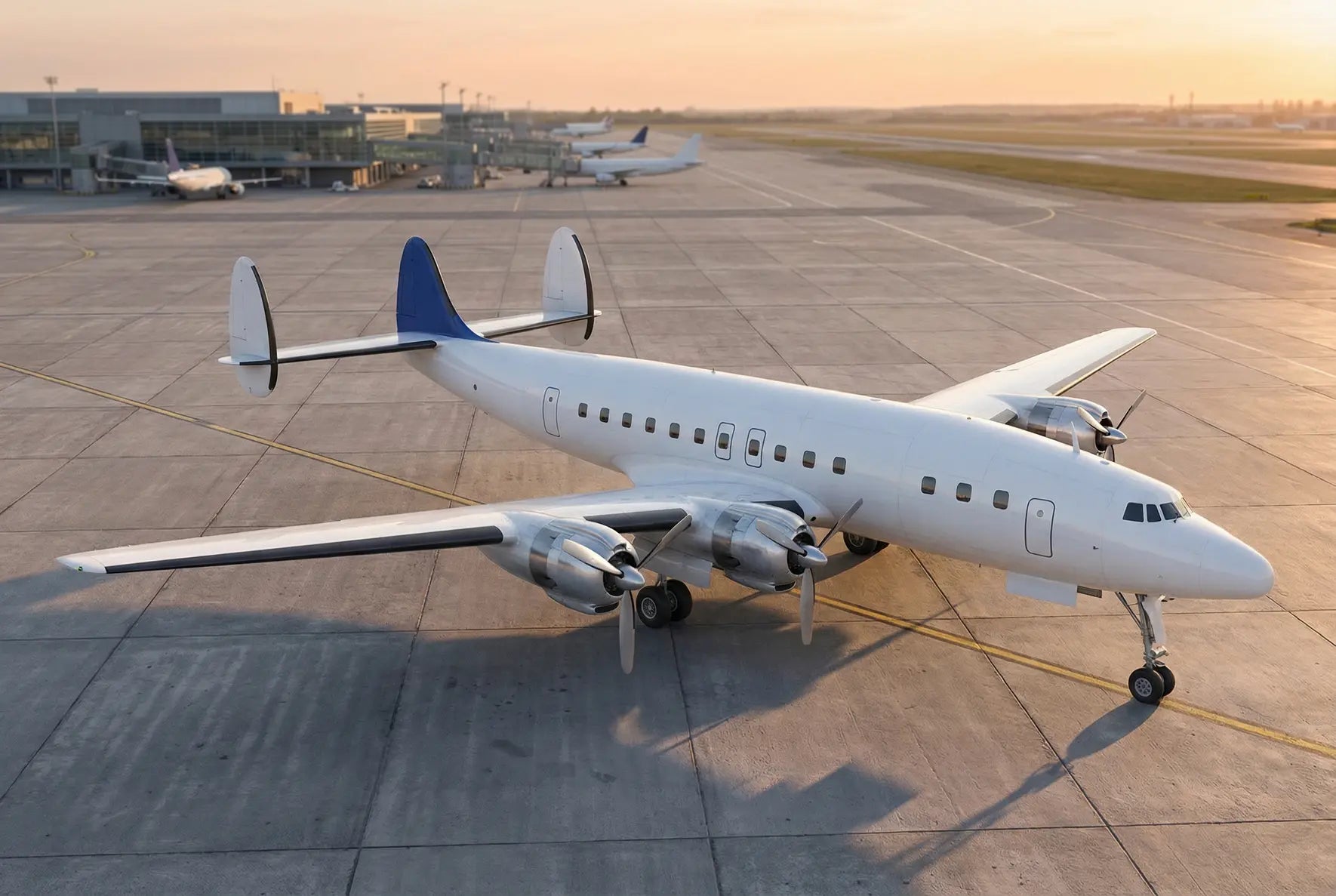 A Lockheed L-1649 Starliner aircraft on the tarmac with a blue tail fin, set against a sunset sky at an airport with terminals and other planes.