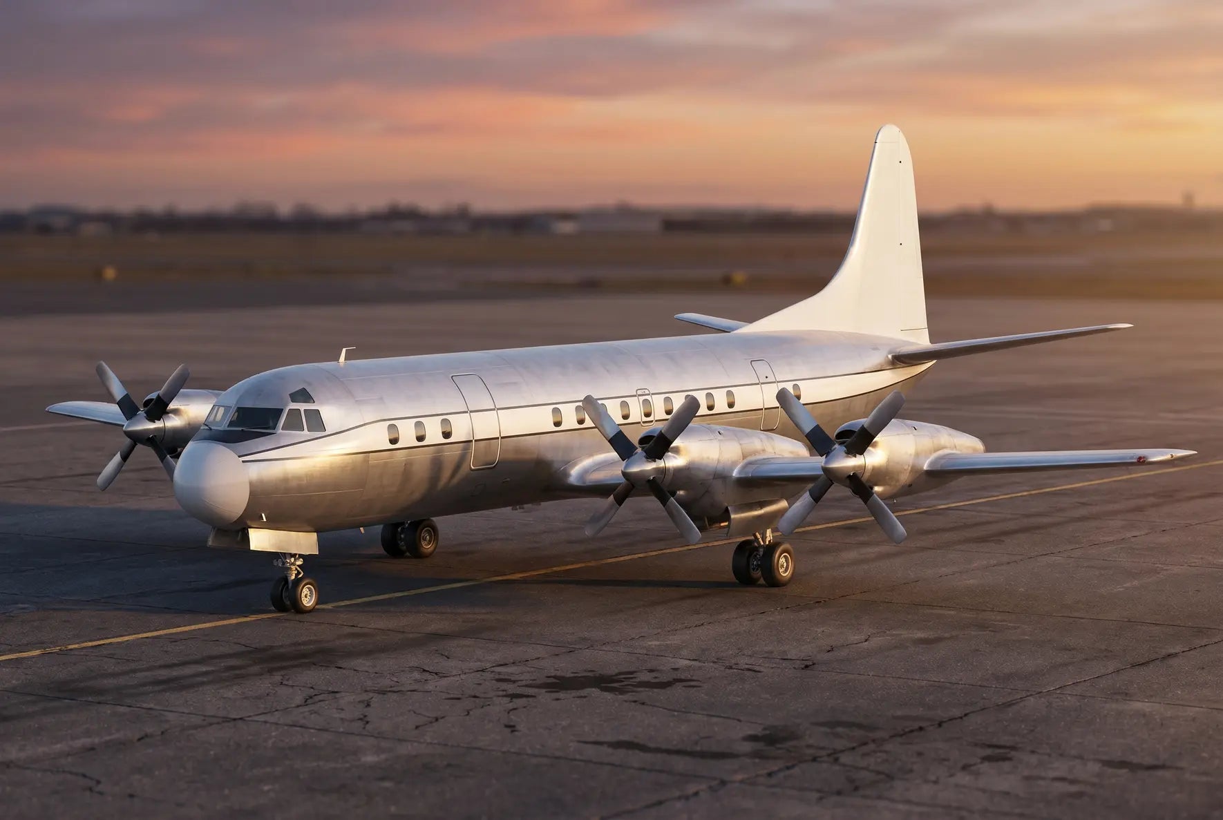 Lockheed L-188A Electra aircraft on a tarmac at sunset, showcasing its four propellers and sleek metallic body in evening light.