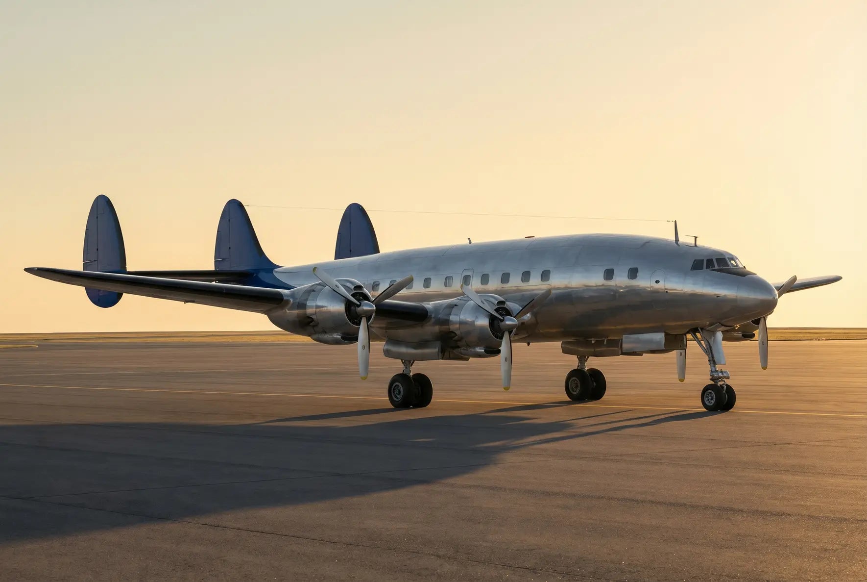 A Lockheed L-649 Constellation vintage aircraft parked on an empty tarmac during sunrise or sunset, showcasing its distinctive triple-tail design.