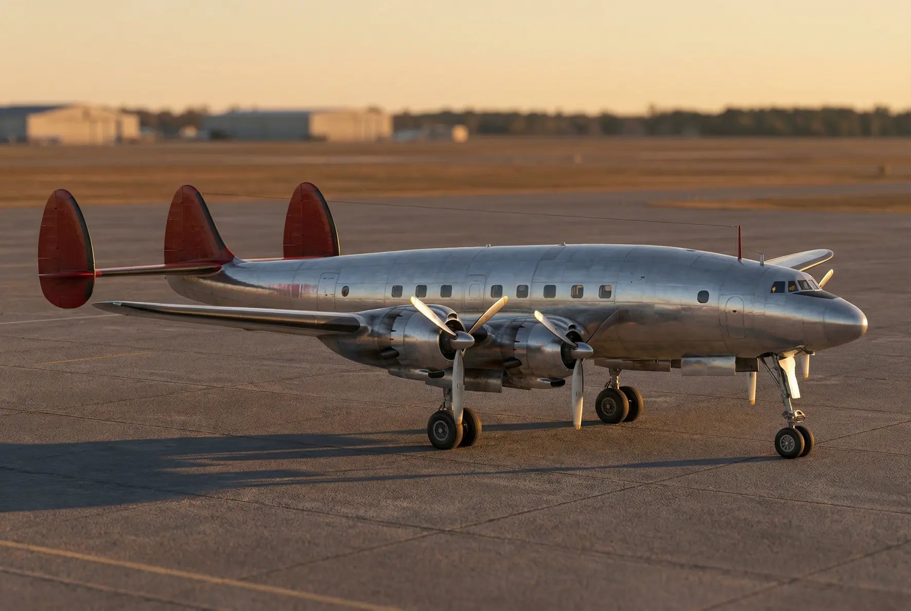 A vintage Lockheed L-749 Constellation airplane with a silver metallic body and red tail fins, parked on a tarmac during sunset.