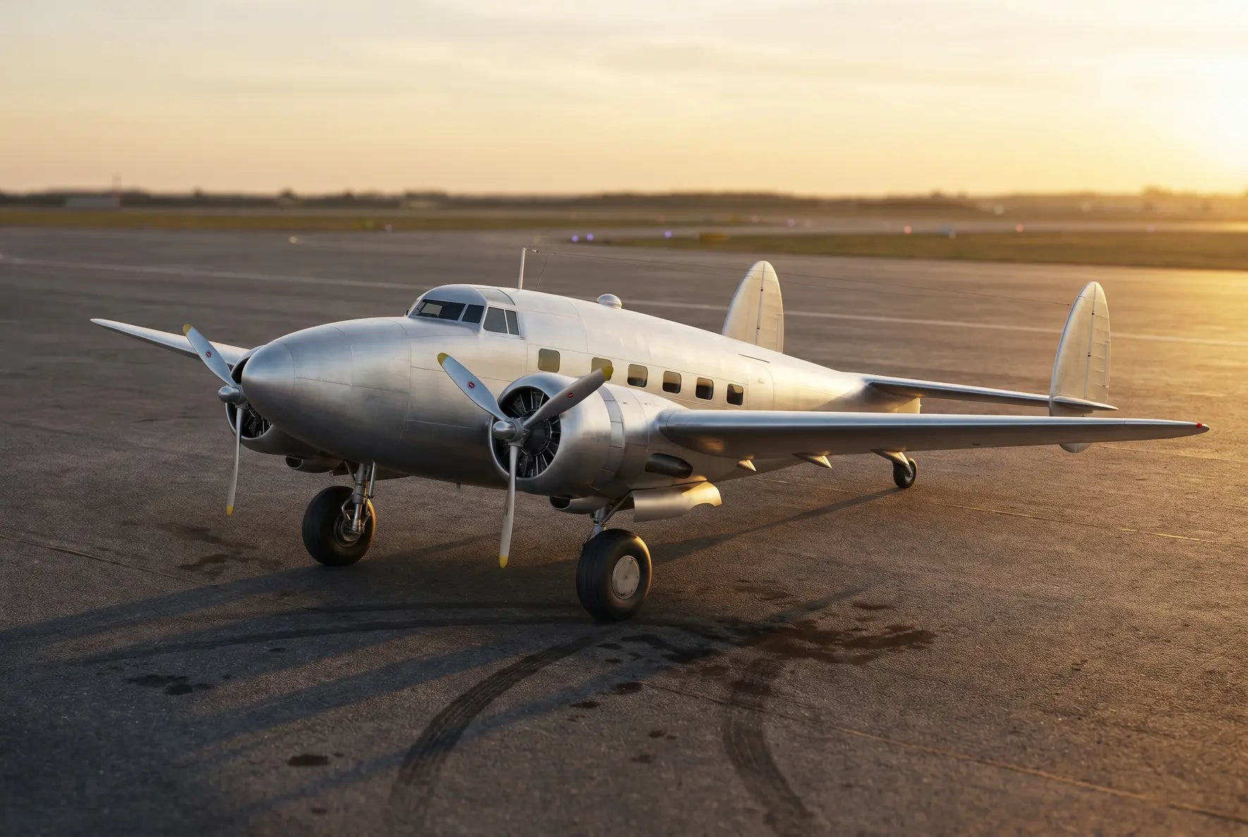 A vintage Lockheed Model 14 Super Electra twin-engine aircraft on a tarmac at sunset, showcasing its streamlined design and metallic finish.