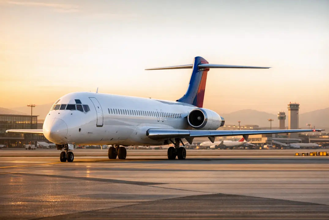 A McDonnell Douglas MD-87 jet parked on the airport tarmac during sunrise with control towers and terminal buildings in the background.