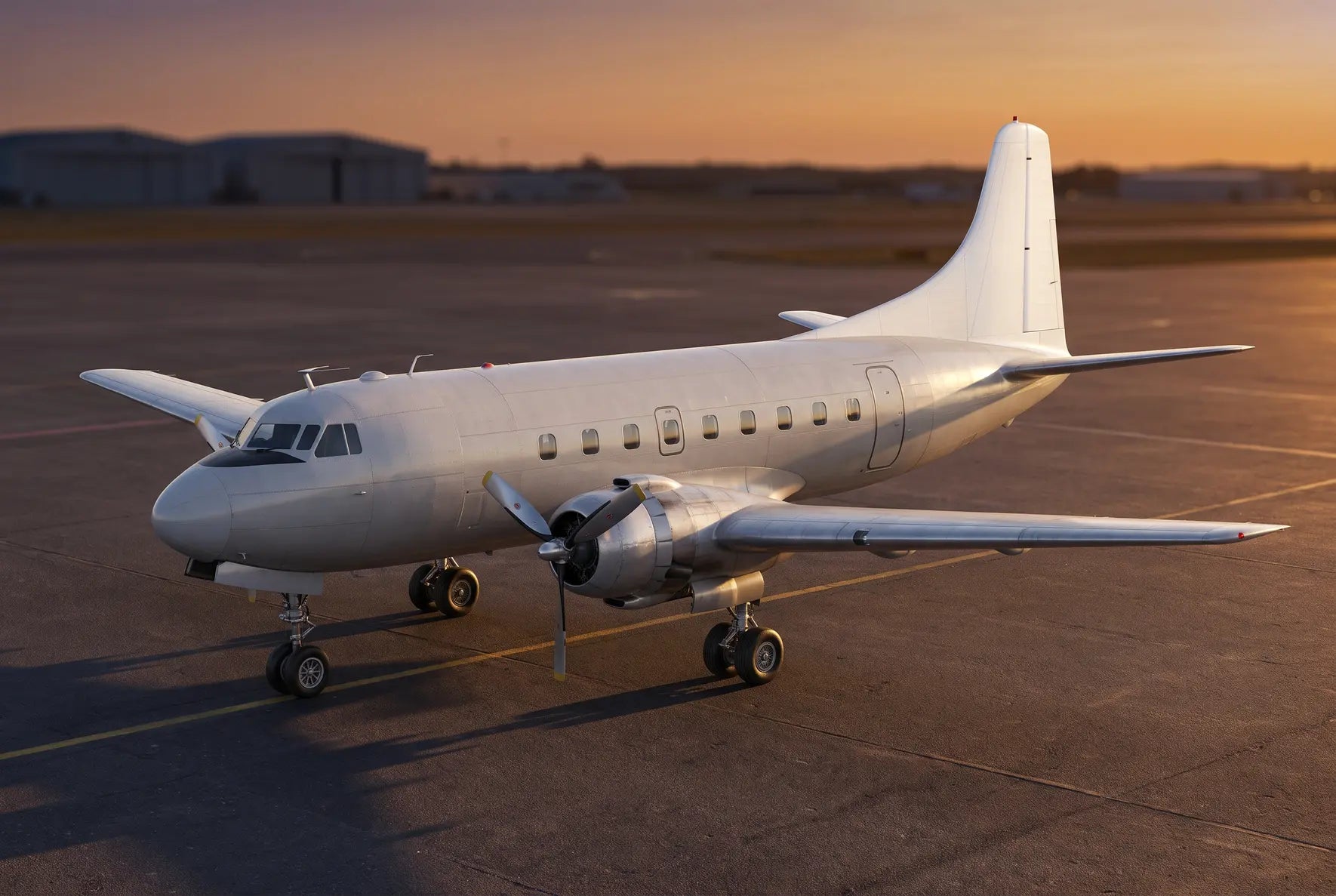 A vintage Martin 4-0-4 aircraft parked on an airport tarmac at sunset, showcasing its twin engines and polished metallic finish.