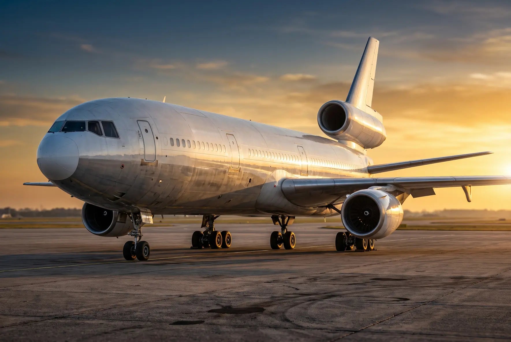 A McDonnell Douglas DC-10-30ER airplane parked on a runway at sunset, with shining metallic fuselage and three jet engines visible.