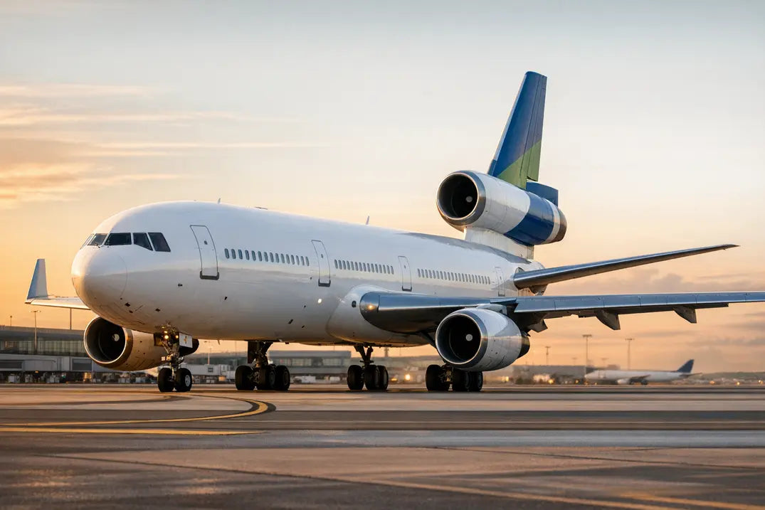 A McDonnell Douglas DC-10-40 aircraft on the taxiway at an airport during sunset, showing its three engines and wide-body design.