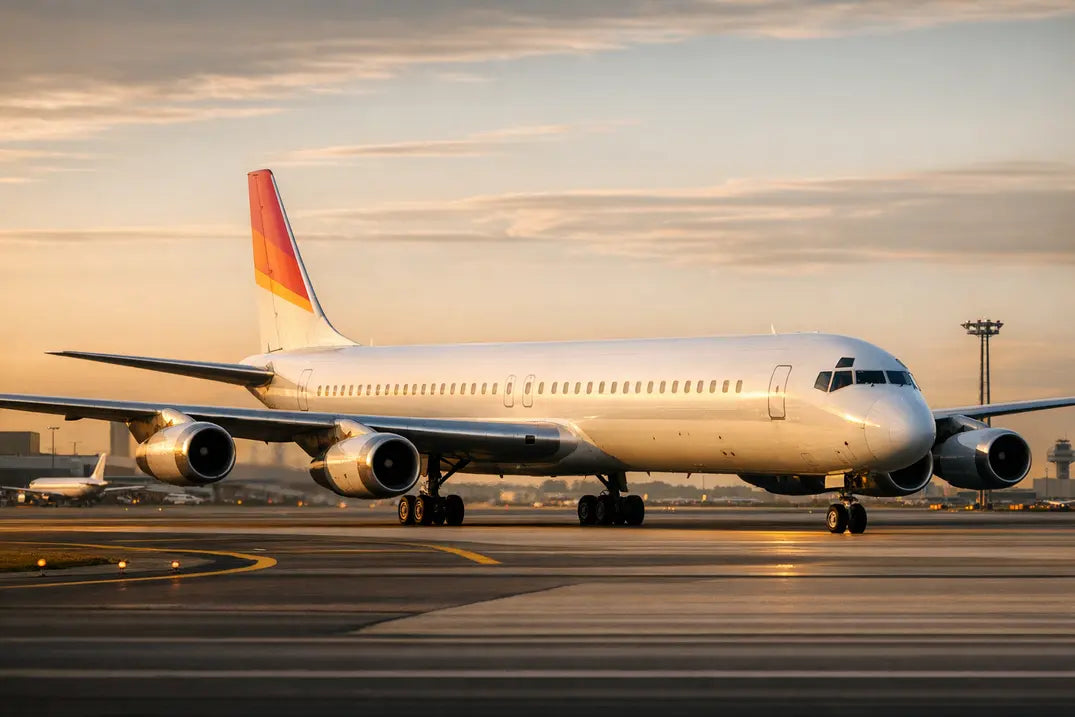 A McDonnell Douglas DC-8-63 aircraft taxiing on the runway at sunset, with four engines and a white fuselage featuring a red and orange tail design.