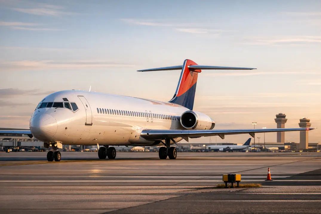 A McDonnell Douglas DC-9-50 aircraft taxiing on a runway at sunset, with airport control towers and terminal buildings in the background.