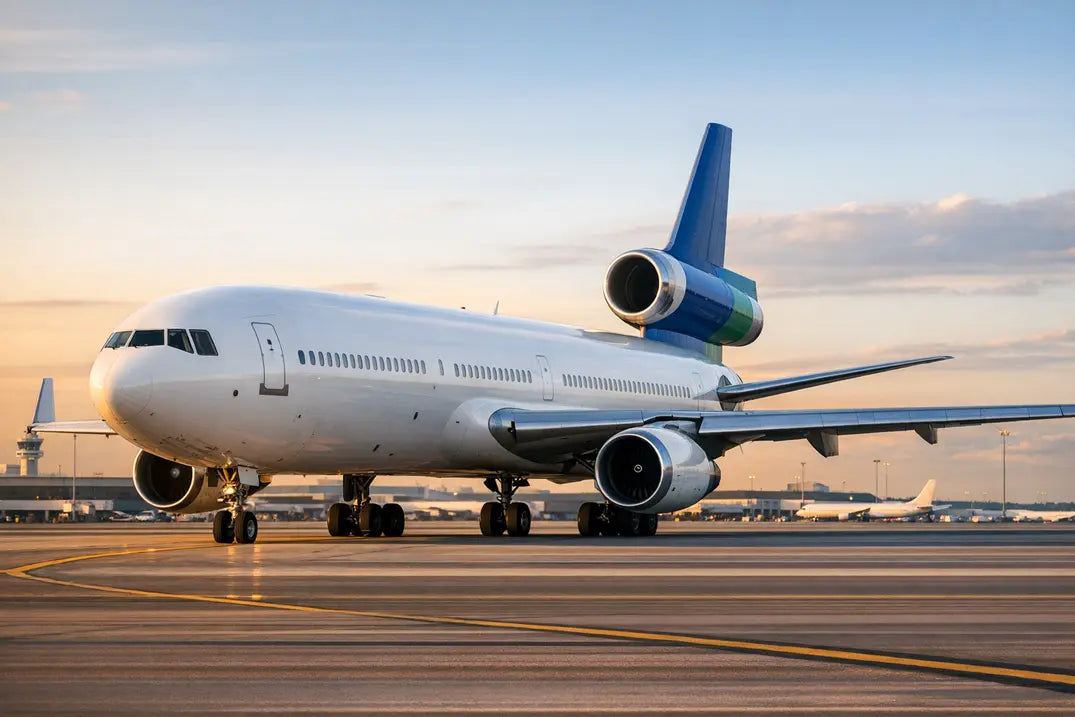 McDonnell Douglas MD-11 trijet aircraft taxiing on airport runway at sunset with terminal buildings in the background.