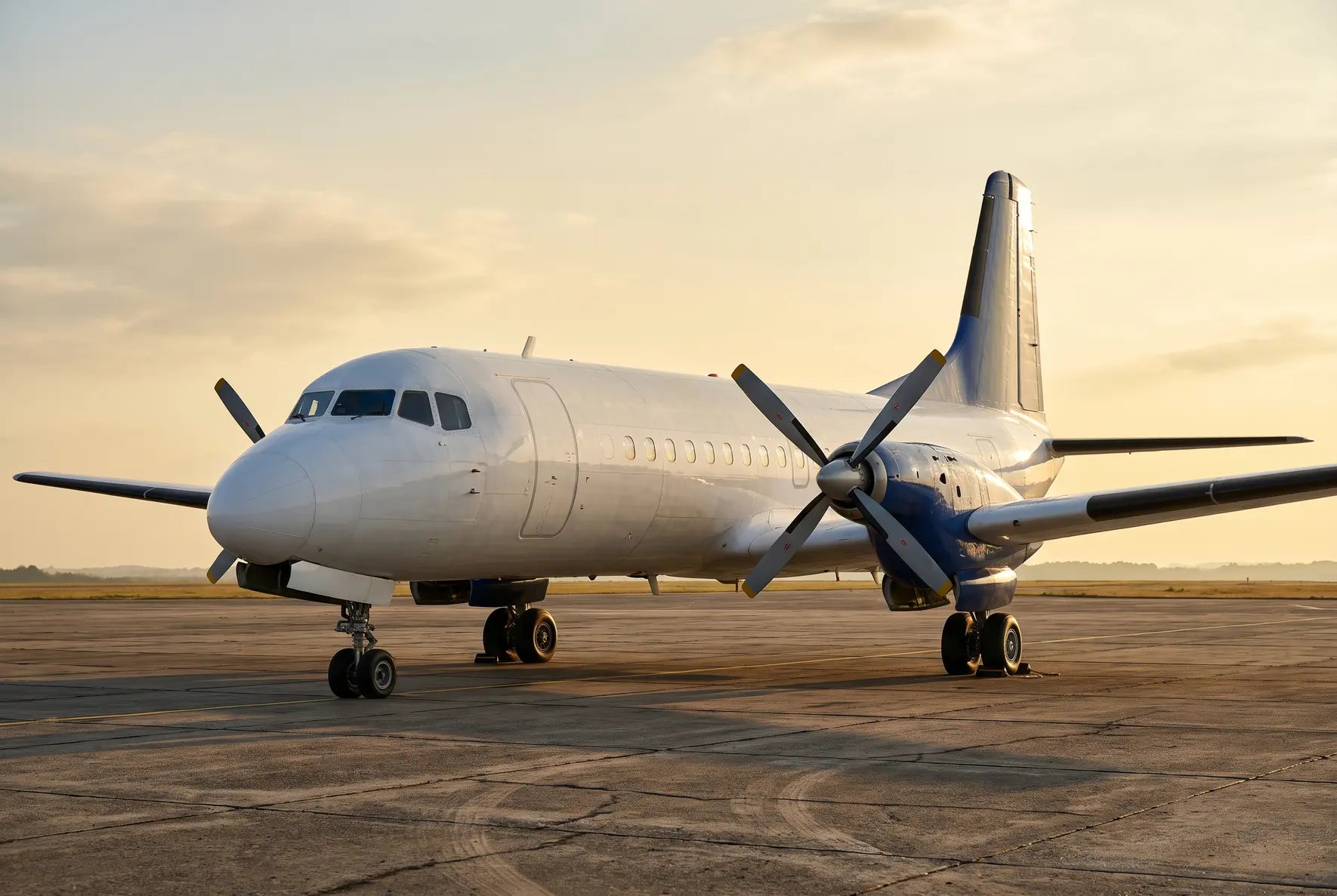 A NAMC YS-11 twin-engine turboprop aircraft parked on an airport tarmac under a partly cloudy sky with sunlight reflecting off its fuselage.