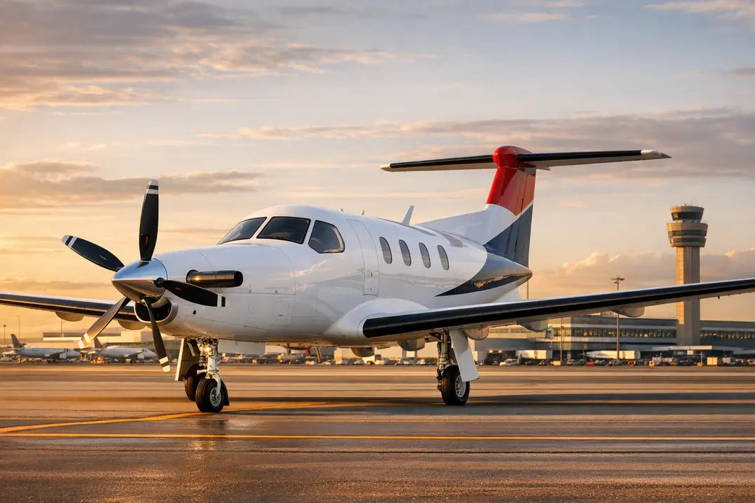 Pilatus PC-12 twin-engine propeller aircraft on airport tarmac at sunset, with a control tower in the background.