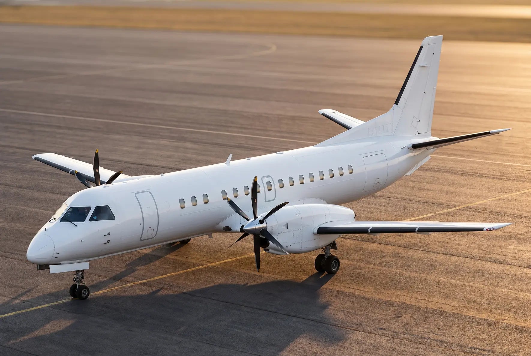 Side view of Saab 2000 twin-engine turboprop regional airliner parked on a runway during sunset.