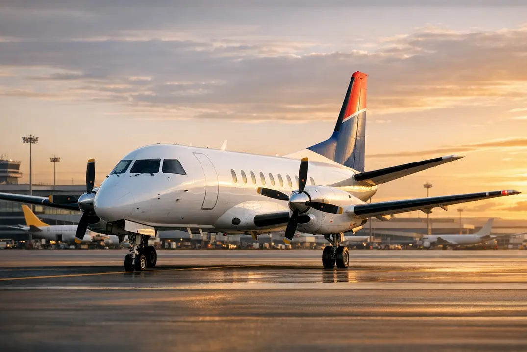 A Saab 340A twin-engine turboprop aircraft parked on a wet airport tarmac at sunrise with terminal buildings in the background.