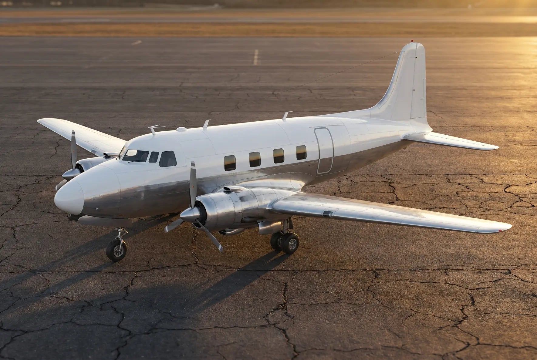 A Saab 90 Scandia twin-engine propeller aircraft parked on a sunlit tarmac, viewed from a front angle with visible cockpit and windows.