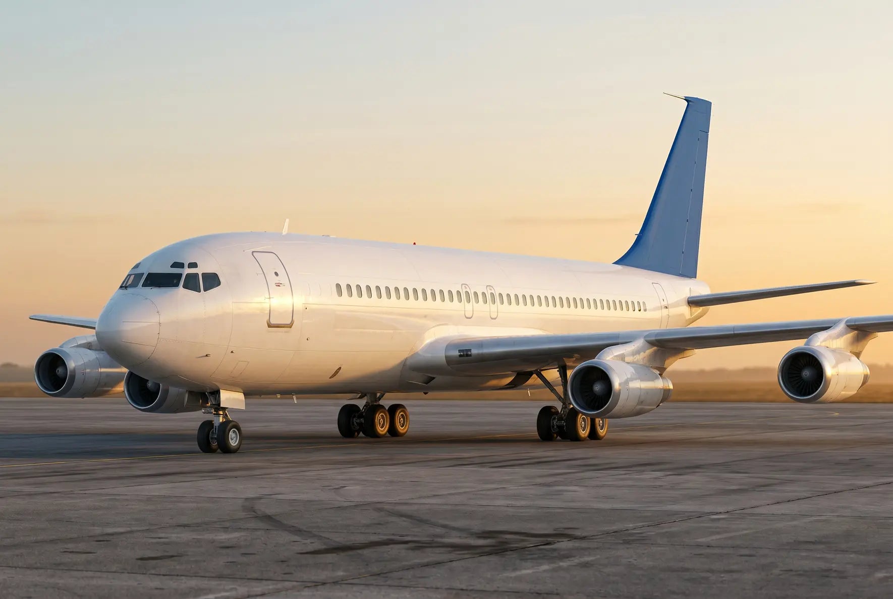 A Shanghai Y-10 aircraft on the tarmac at sunrise, showcasing its four engines and sleek white fuselage against a clear sky.