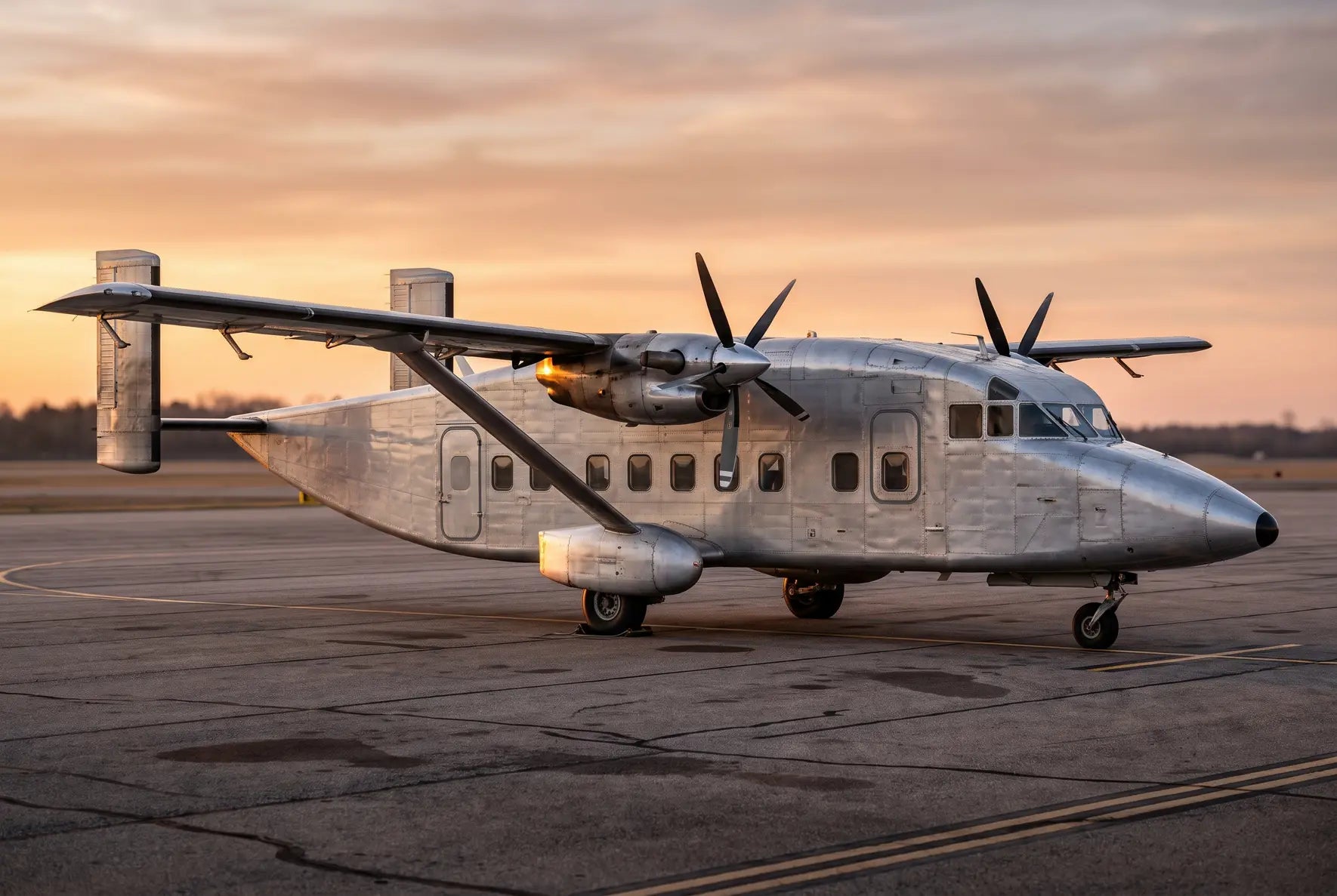 A Short 330 aircraft parked on an airfield at sunset, displaying its twin engines, boxy fuselage, and rectangular windows, with a clear sky backdrop.