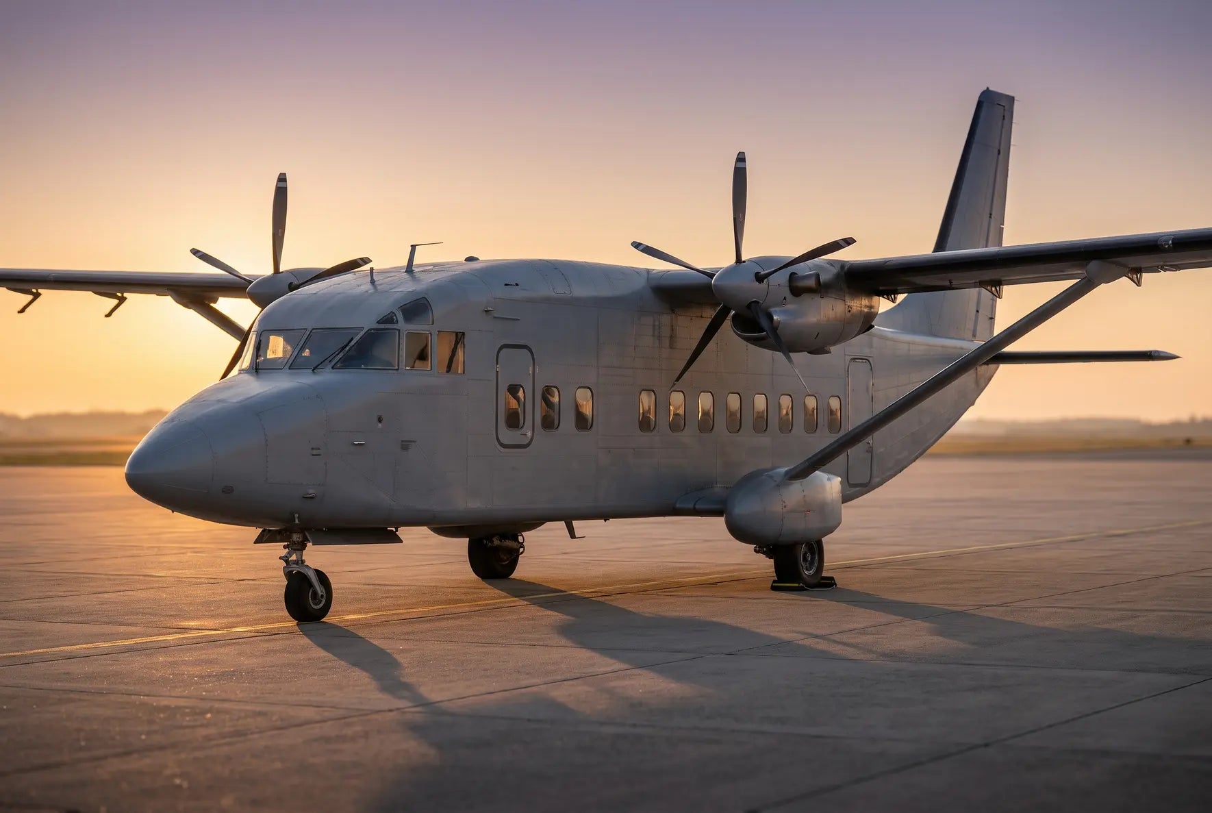 A Short 360 aircraft parked on a runway during sunset, with visible twin propellers and a passenger cabin.