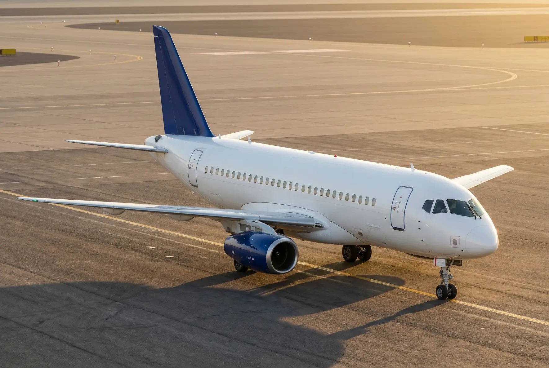 A Sukhoi Superjet 100-95 passenger aircraft on a sunny airport tarmac, viewed from the front-left, with wings and engines visible.