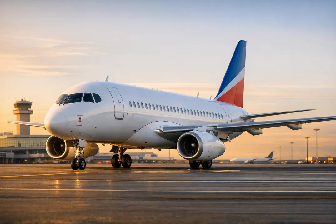 Sukhoi Superjet 100 aircraft in an airport