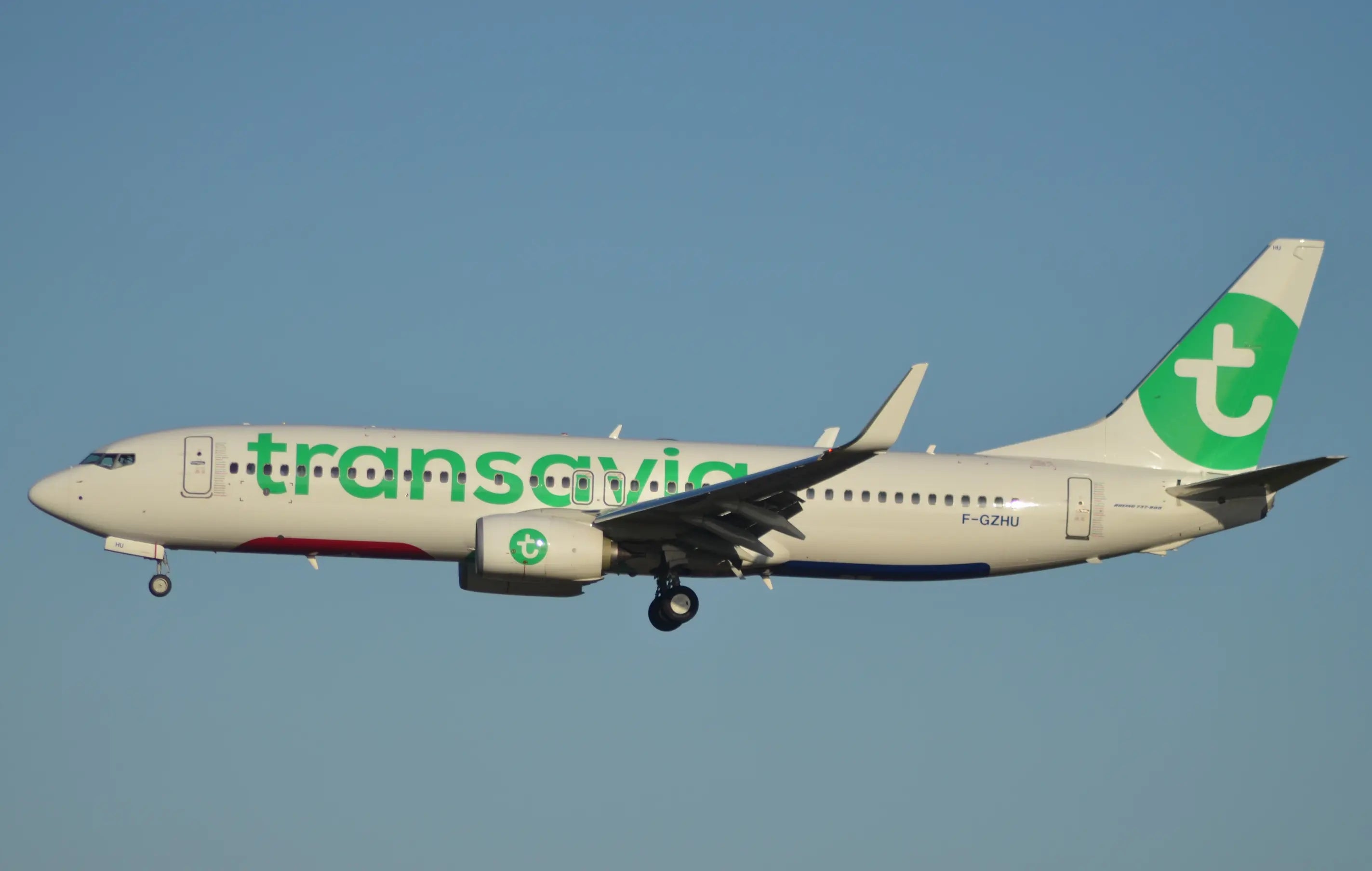 Transavia Boeing 737-8K2 aircraft F-GZHU in flight against a clear blue sky.