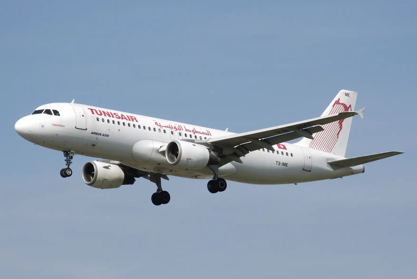 Tunisair Airbus A320-200 aircraft in flight with clear blue sky background, registration TS-IME, displaying the airline logo and markings.