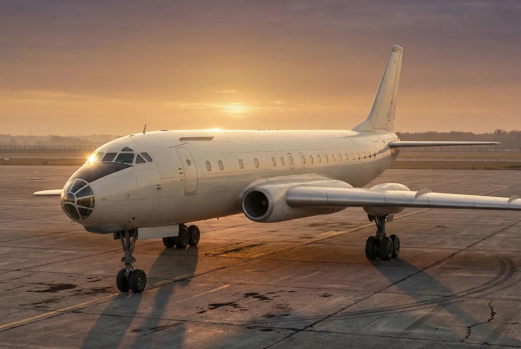 A vintage Tupolev Tu-104 jet airliner on a tarmac with the sun setting in the background, casting a warm glow over the aircraft and surroundings.