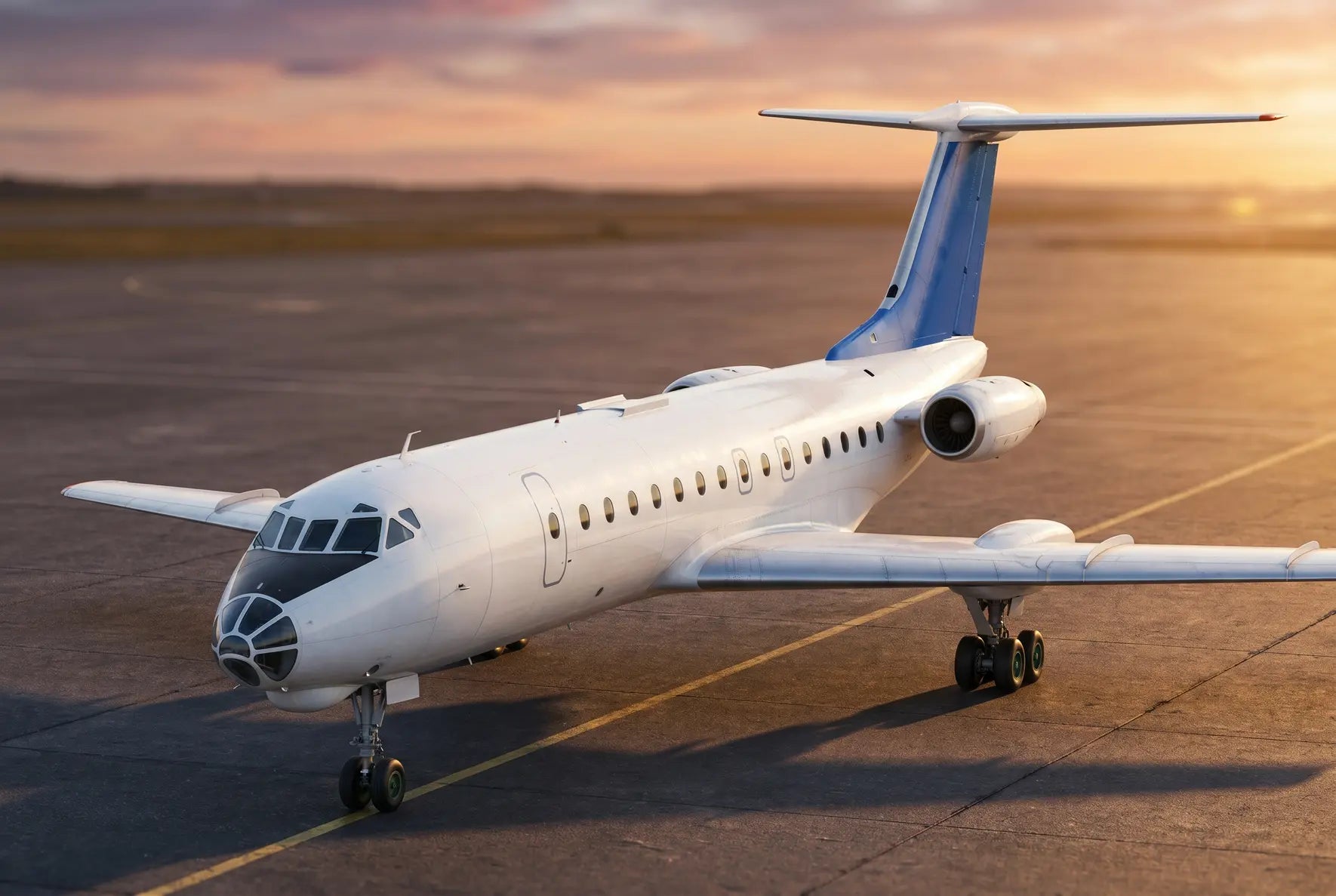 A Tupolev Tu-134 aircraft parked on an airport runway at sunset, featuring sleek white and blue design.