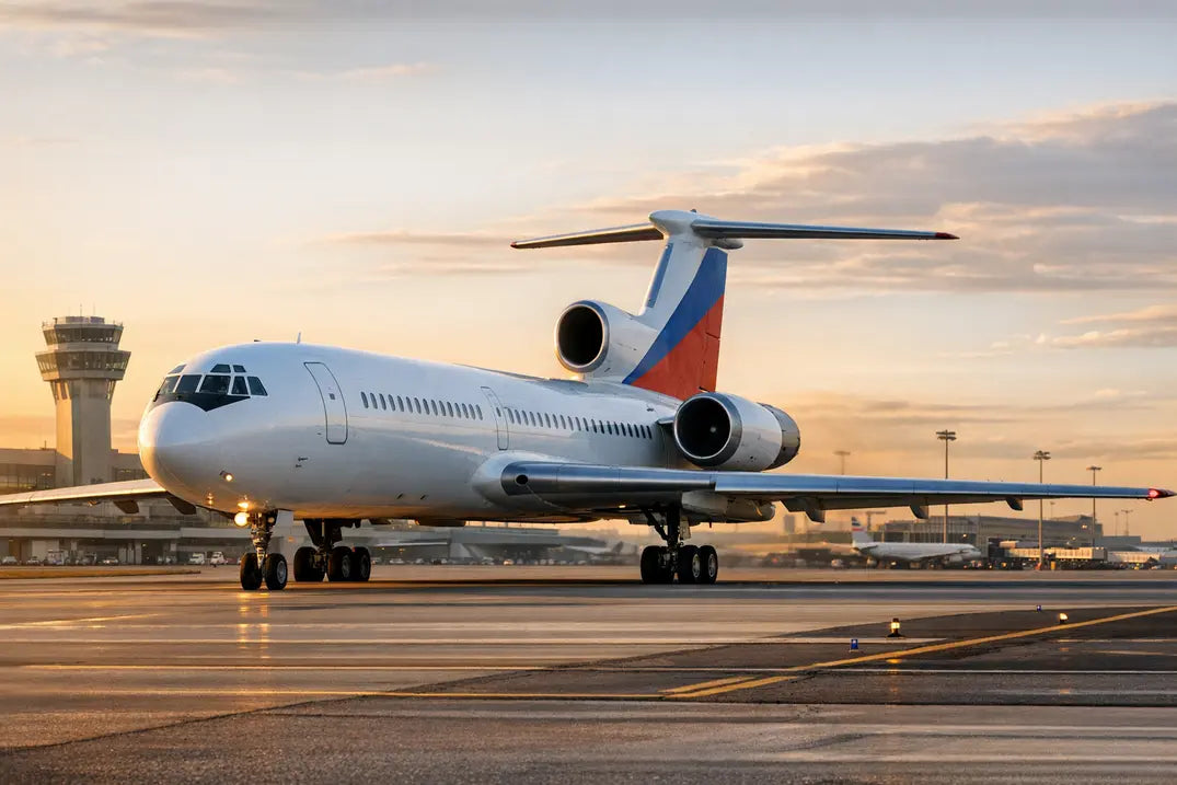 Tupolev Tu-154B trijet passenger aircraft taxiing on a wet airport runway during sunset with a control tower in the background.