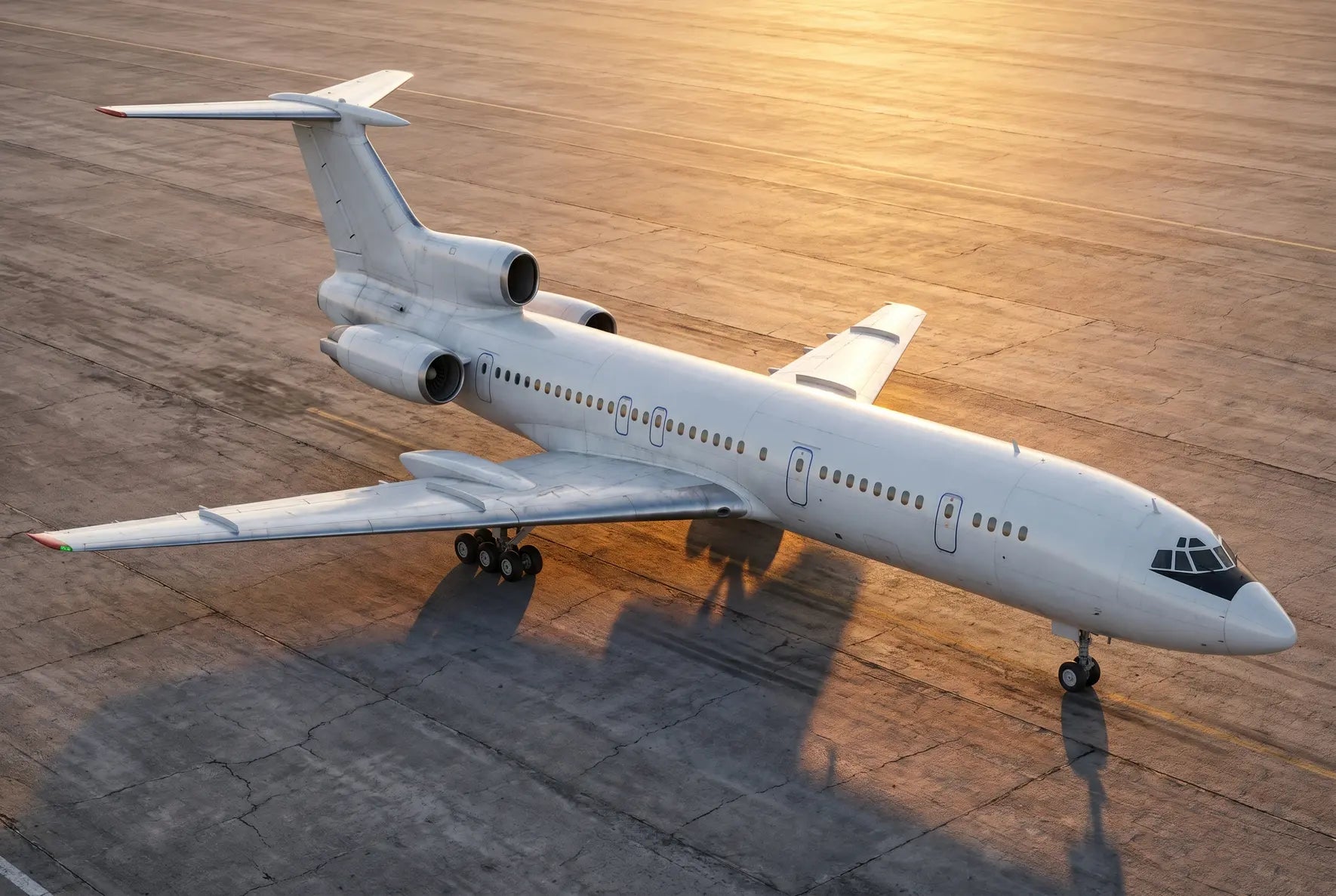 Tupolev Tu-154 airplane parked on a concrete runway at sunset, viewed from above showing its three rear-mounted engines and distinctive T-tail design.