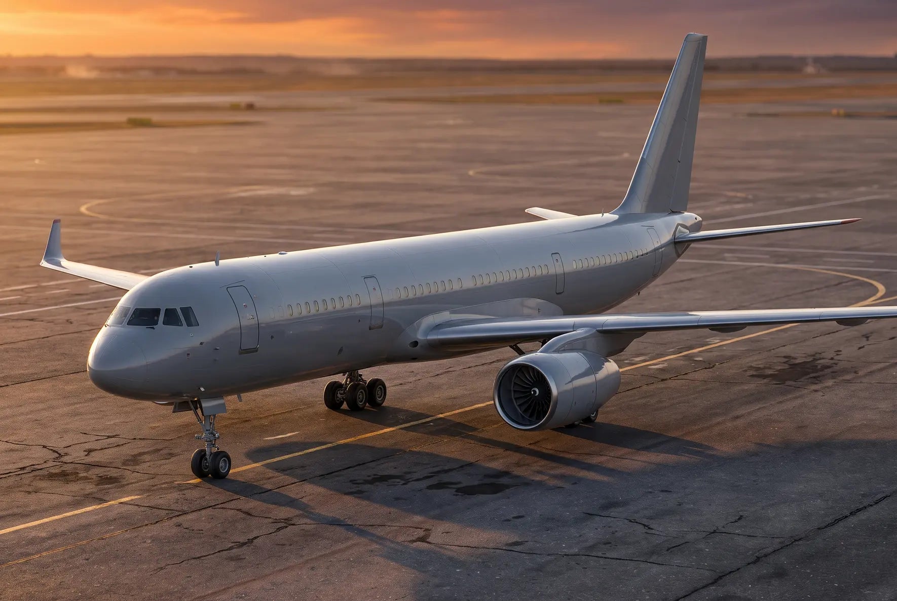 A Tupolev Tu-204-100 aircraft parked on an airport tarmac during sunset, with visible details of the fuselage, wings, and engine.