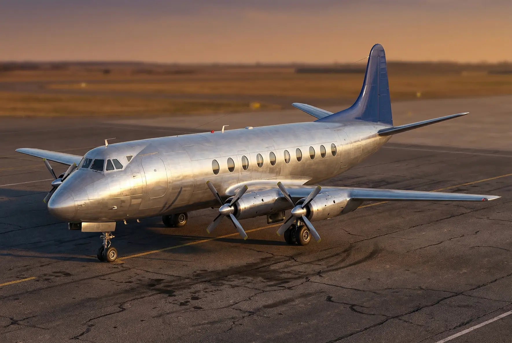 A Vickers Viscount 700 aircraft parked on a tarmac at sunset, highlighting its shiny metallic fuselage and four propeller engines.