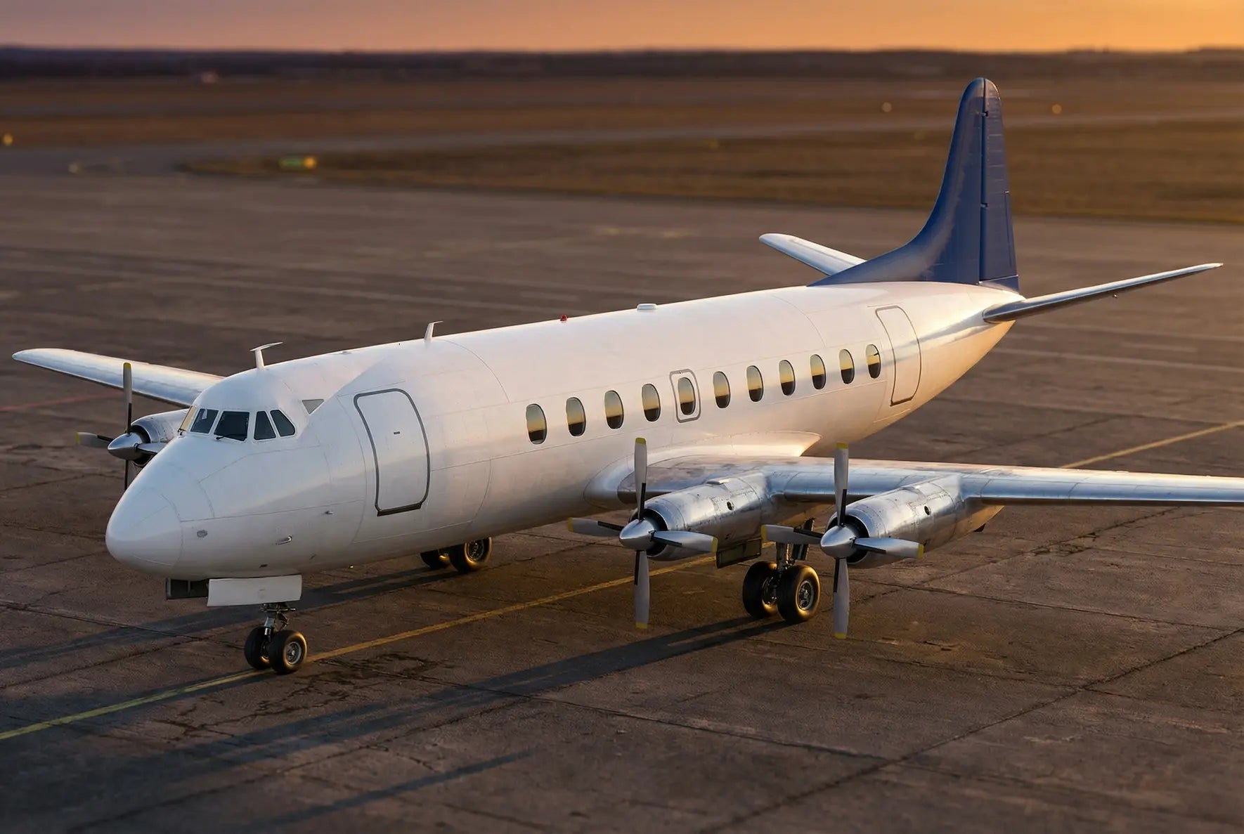 A Vickers Viscount 800 aircraft on a tarmac at sunset, featuring four propeller engines and sleek fuselage design in a tranquil airport setting.