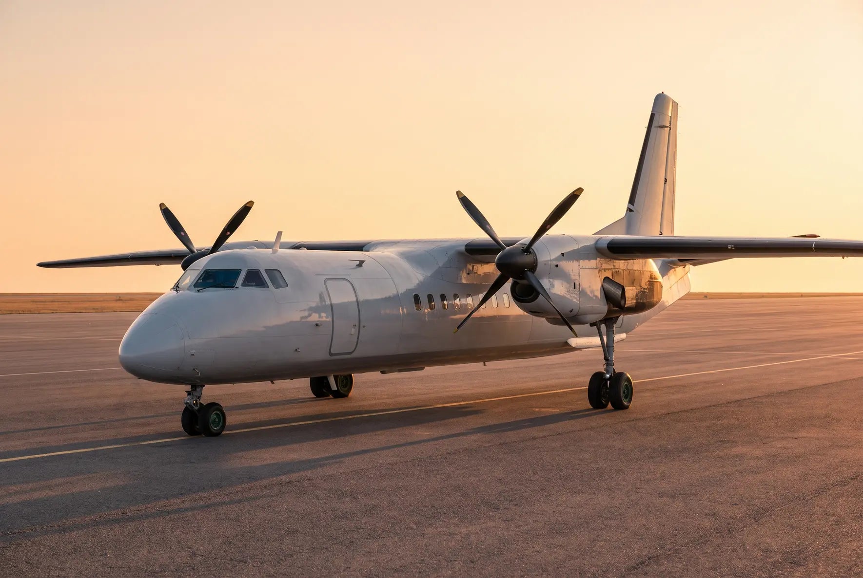 A Xian MA60 turboprop airplane parked on an airport runway during a sunset, with its wings and propellers visible against the warm sky.