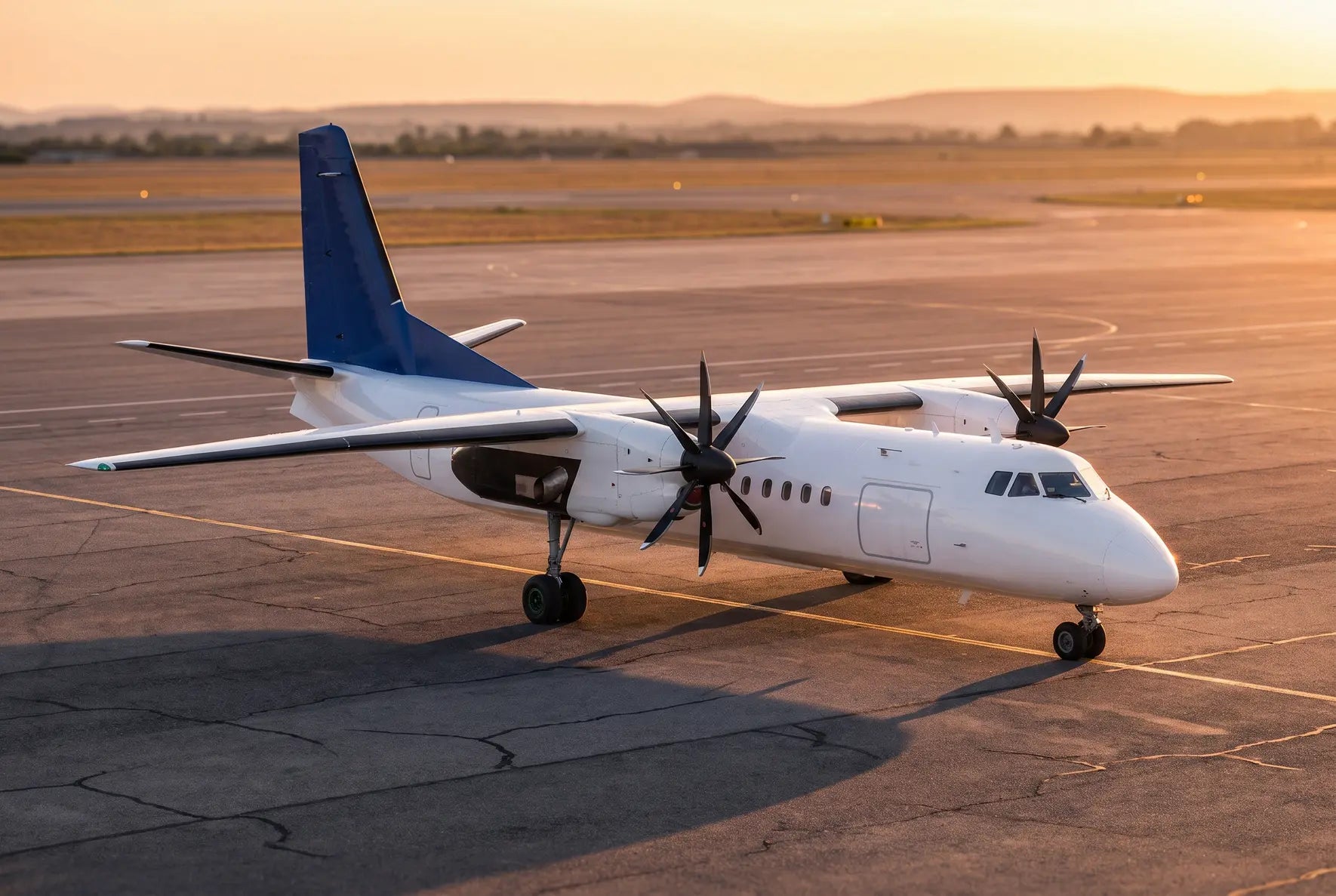 A Xian MA600 turboprop aircraft parked on an airport tarmac at sunset with visible propellers and landing gear.