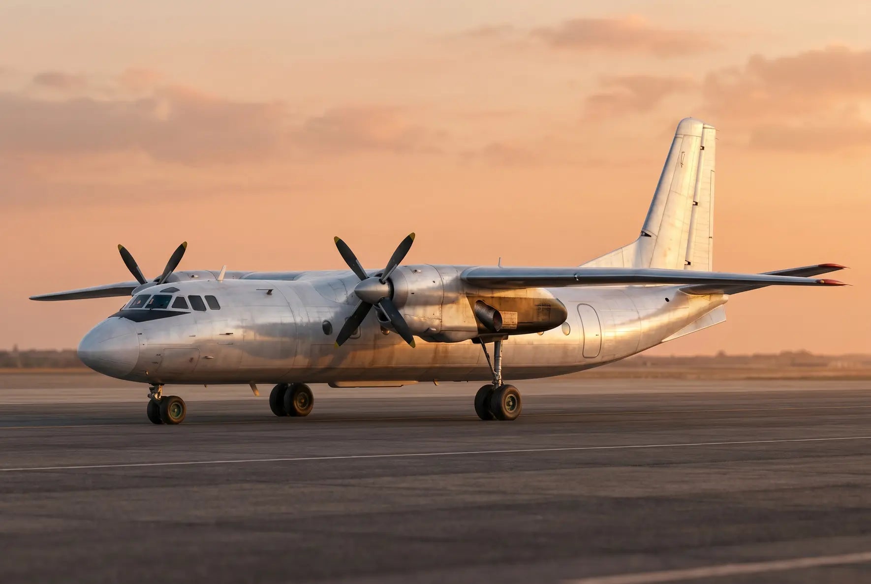 Xian Y-7 aircraft with silver fuselage and twin propellers parked on a runway during sunset, showcasing a side view.