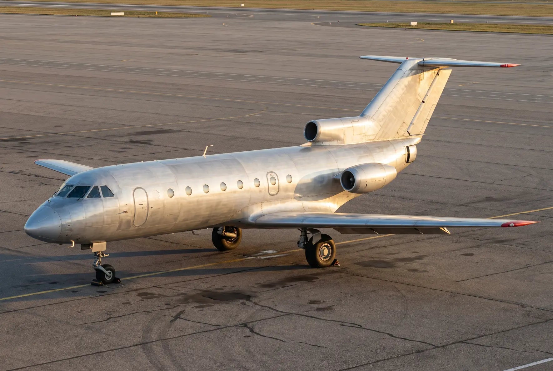 A Yakovlev Yak-40 jet parked on an airport tarmac, featuring three rear engines and a sleek metallic fuselage under bright daylight.