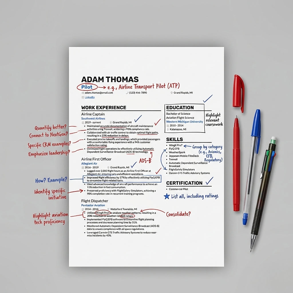 Resume with career advice on a gray background with pens.
